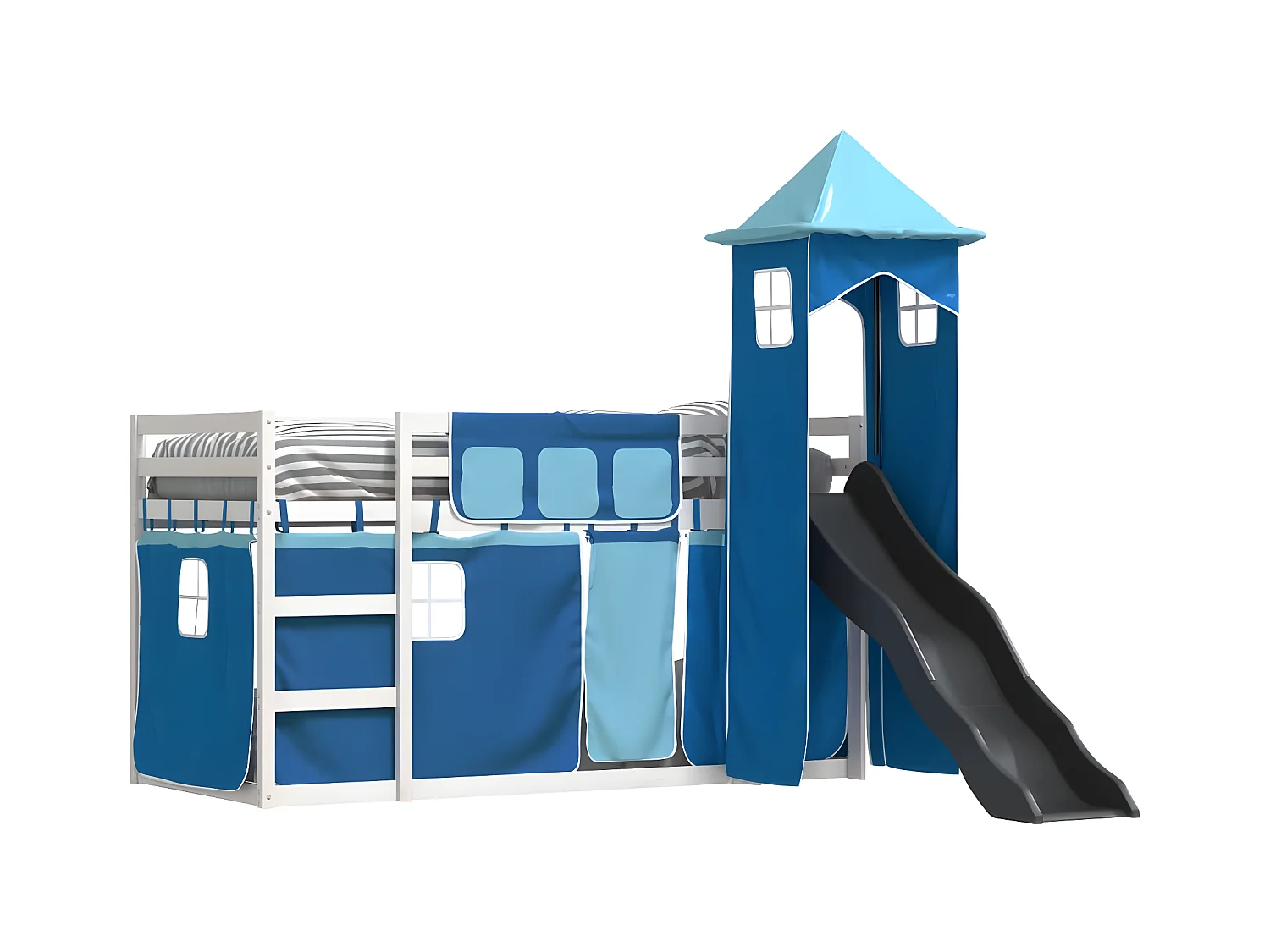 Lit superposé avec toboggan et rideaux bleu 80x200 cm