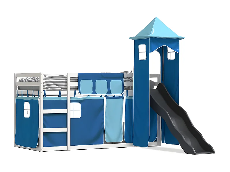 Lit superposé avec toboggan et rideaux bleu 80x200 cm