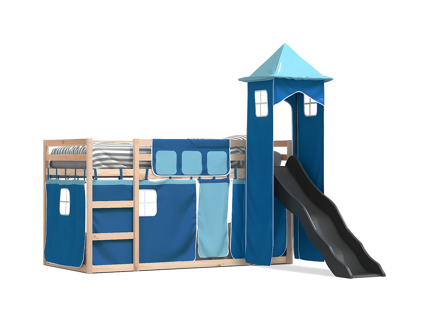 Lit superposé avec toboggan et rideaux bleu 90x190 cm