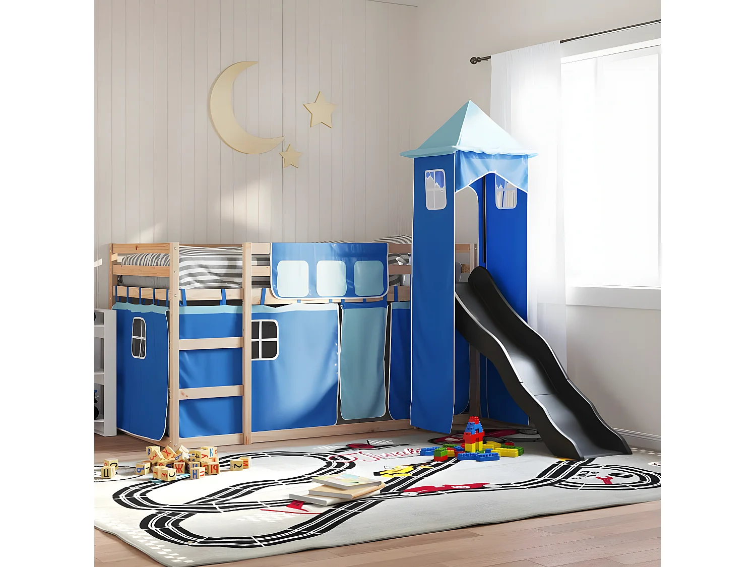 Beliche com escorrega e cortinas 90x190 cm azul