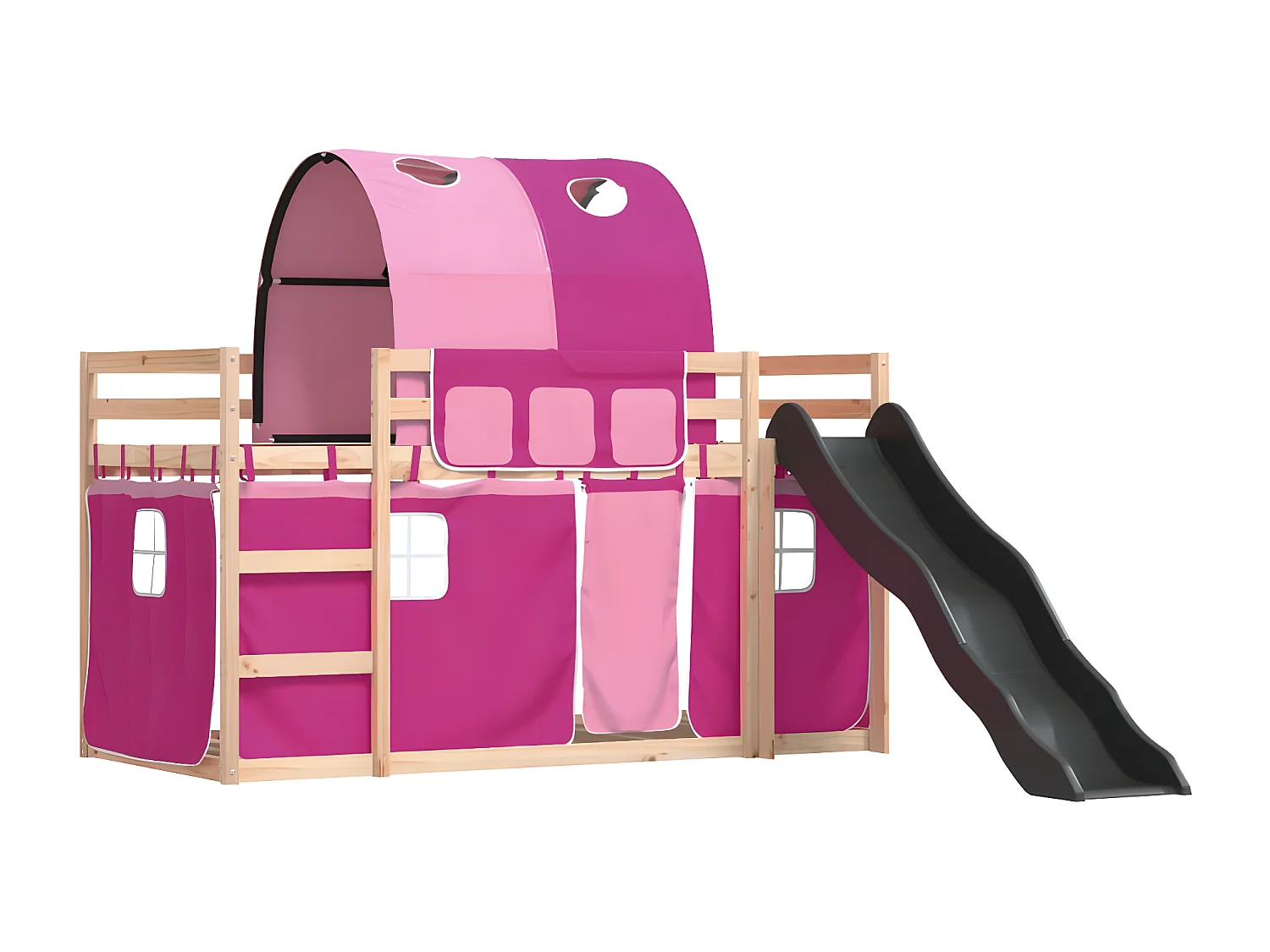 Lit superposé avec toboggan et rideaux rose 90x190 cm