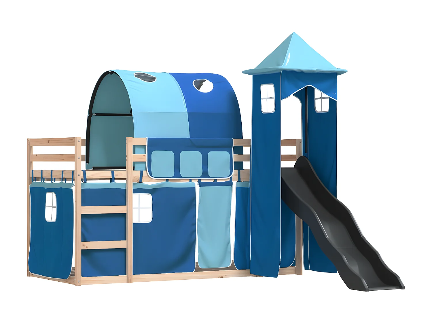 Lit superposé avec toboggan et rideaux bleu 90x190 cm