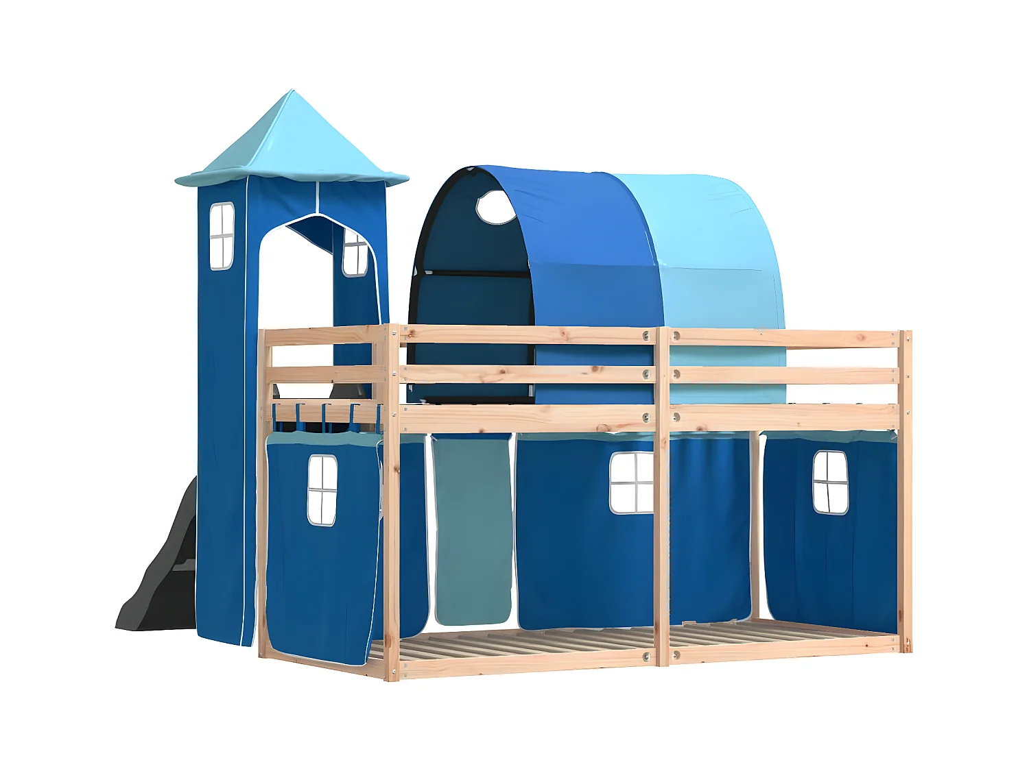Lit superposé avec toboggan et rideaux bleu 90x190 cm