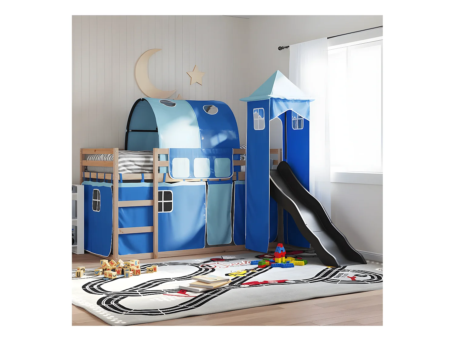 Lit superposé avec toboggan et rideaux bleu 90x190 cm