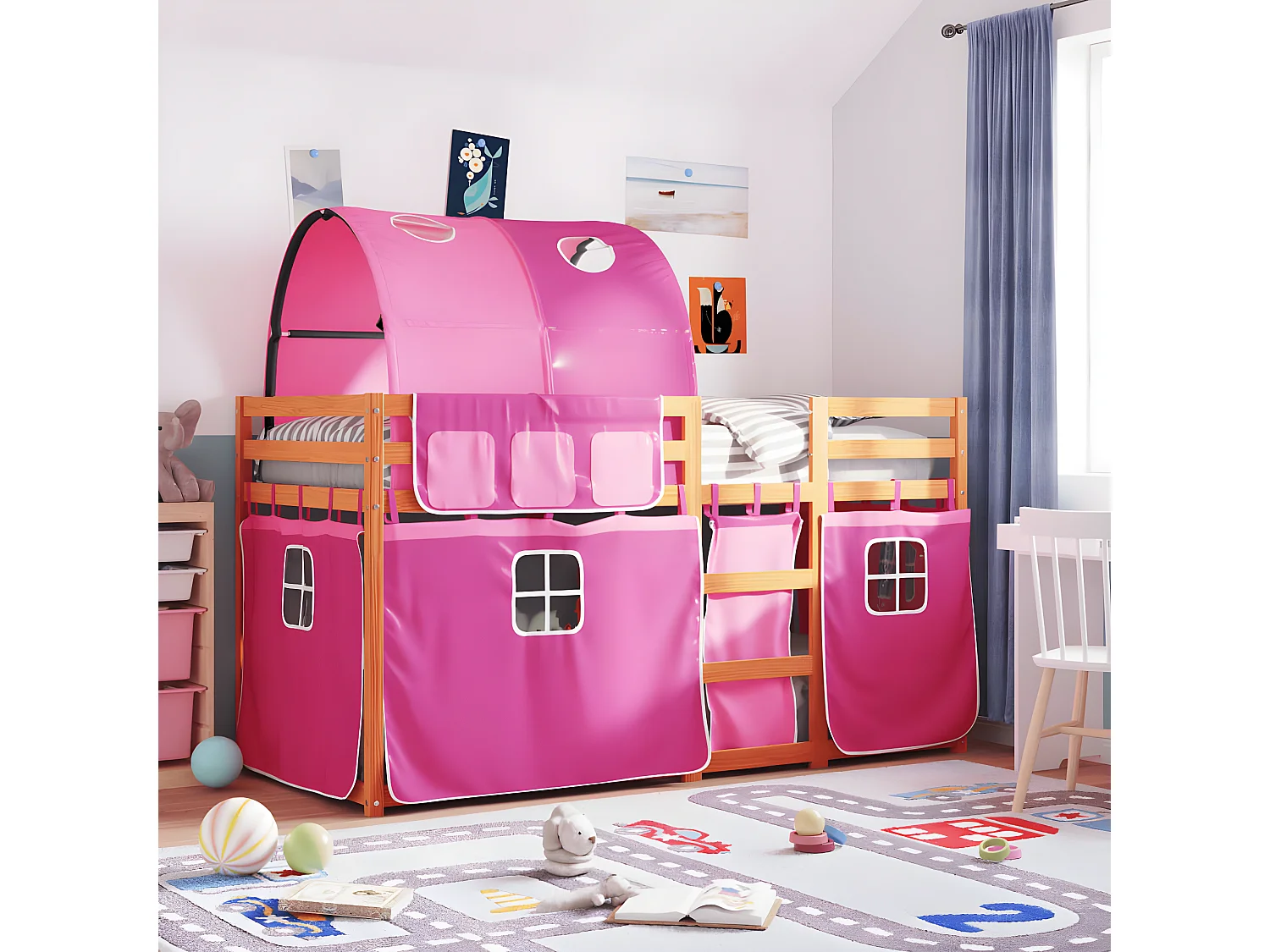 Lit superposé avec rideaux rose 90x190 cm bois pin massif