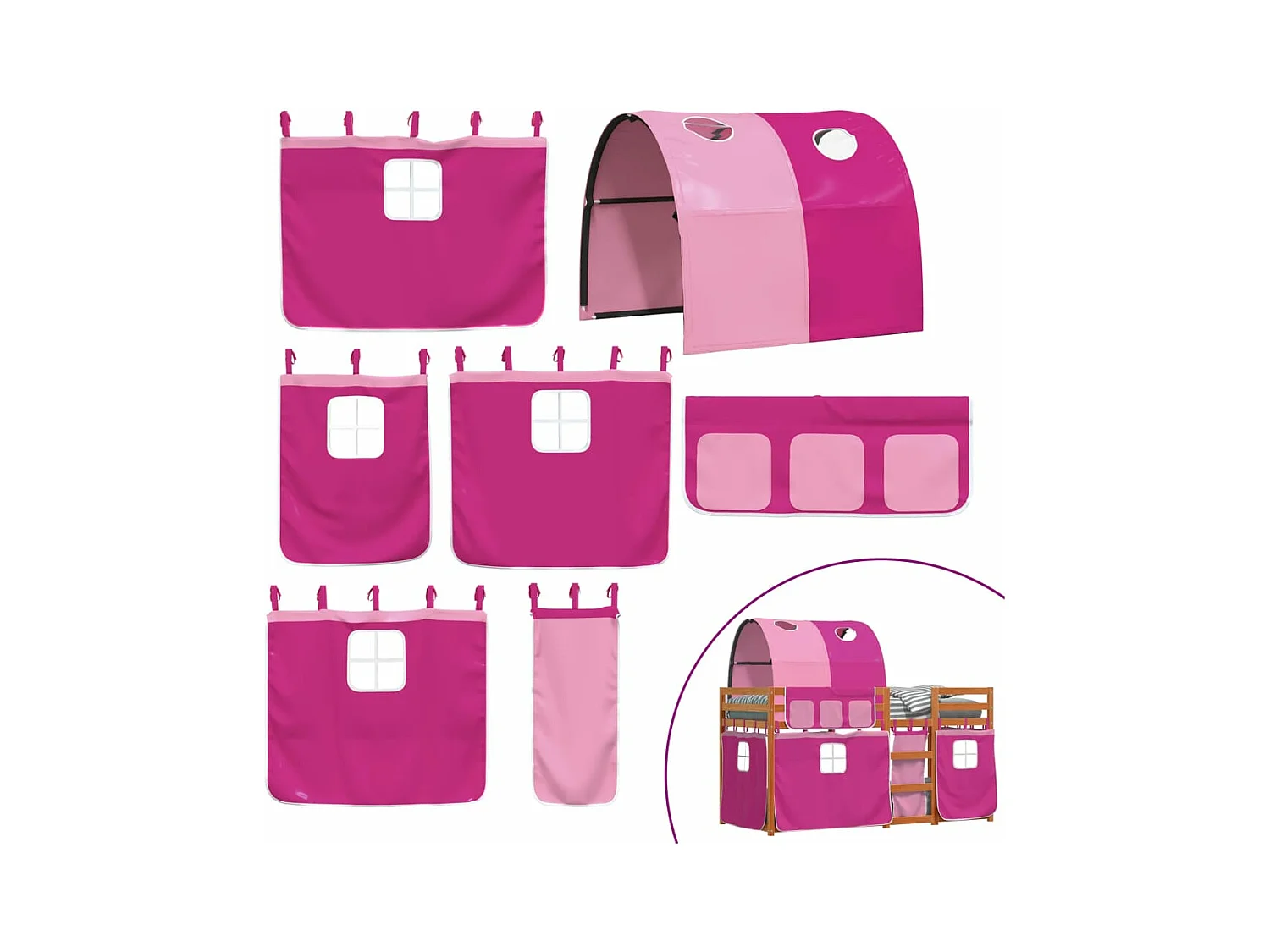 Lit superposé avec rideaux rose 90x190 cm bois pin massif