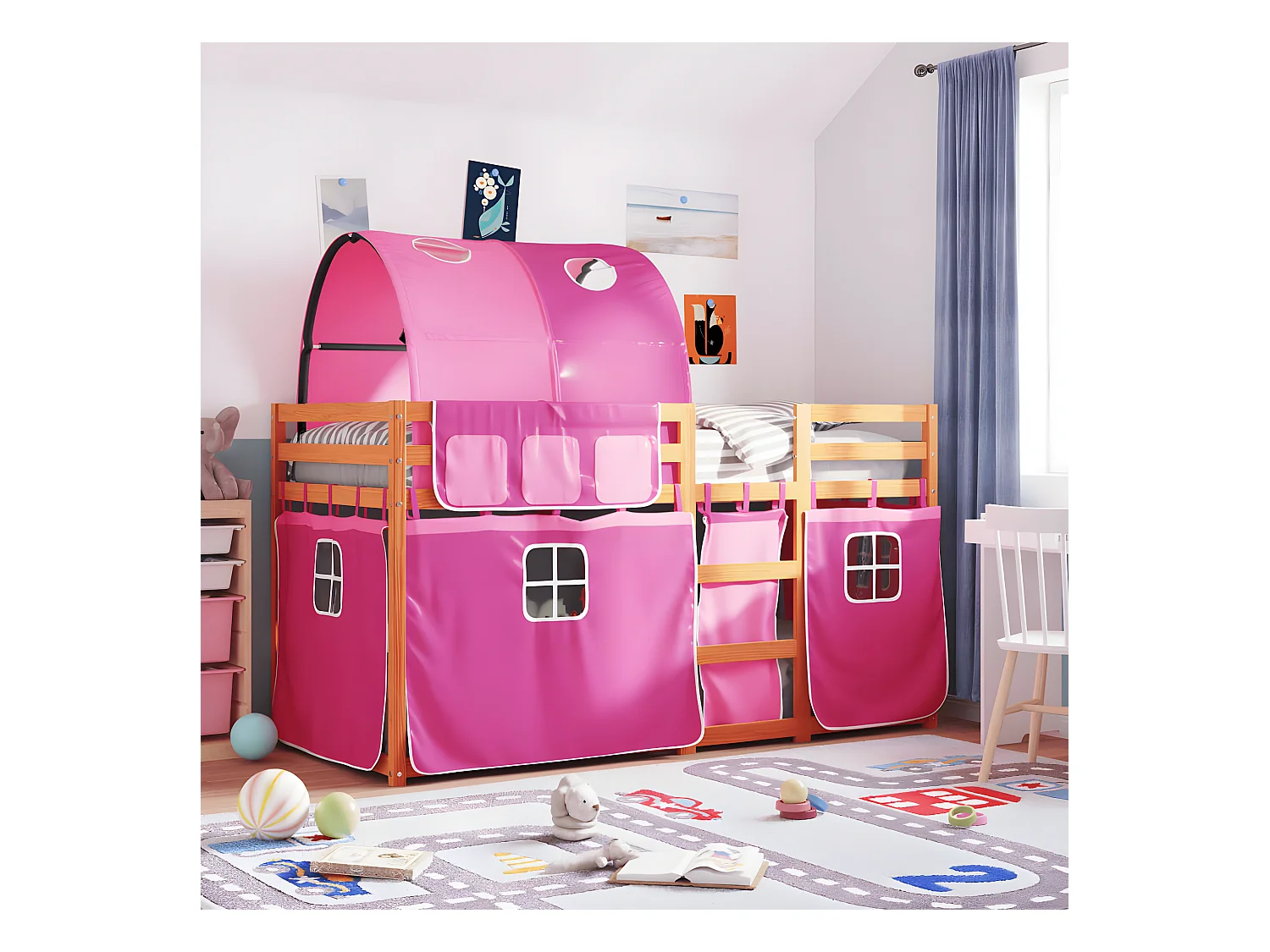 Lit superposé avec rideaux rose 90x190 cm bois pin massif