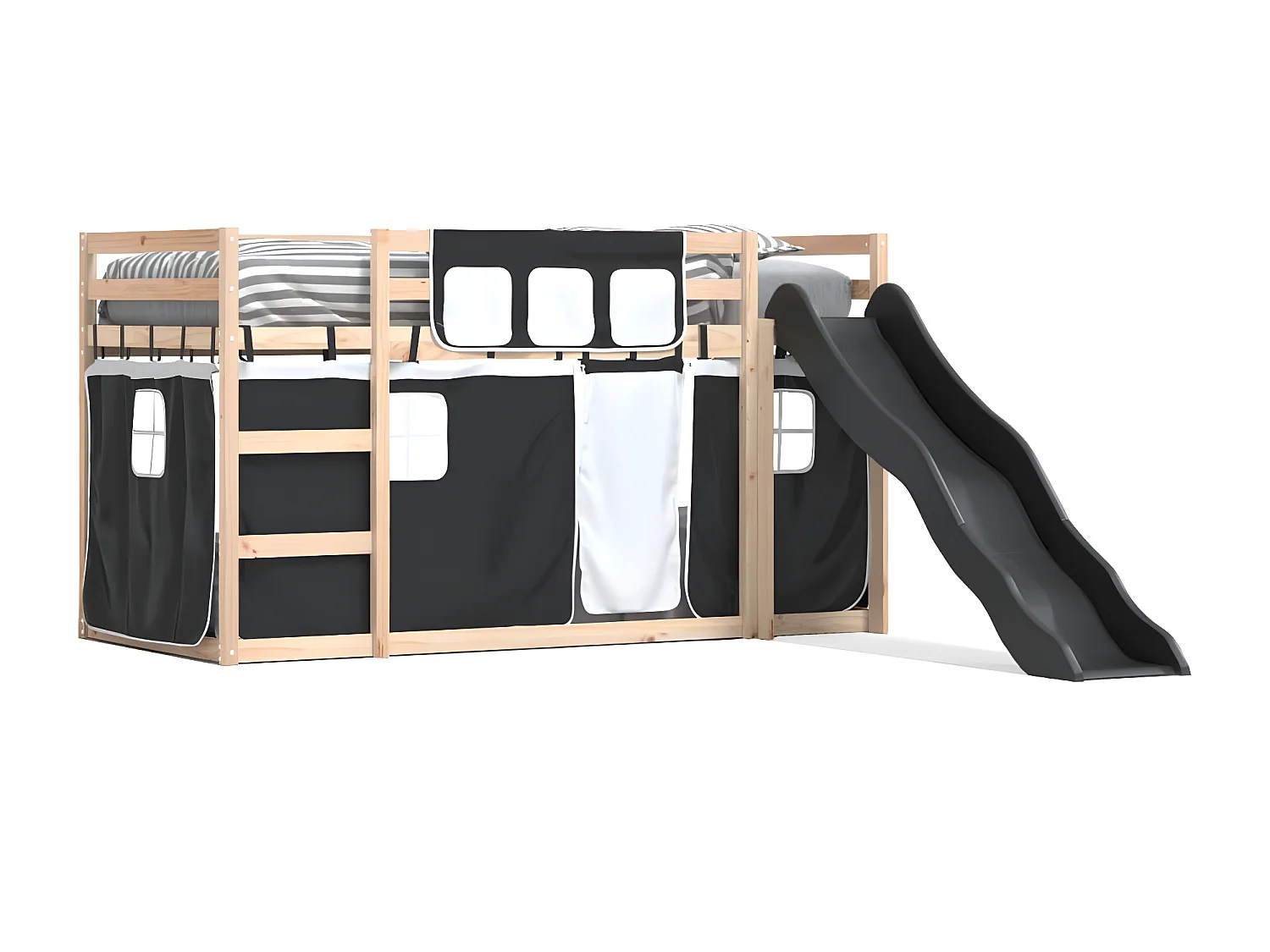 Lit superposé avec toboggan et rideaux blanc et noir 90x200 cm
