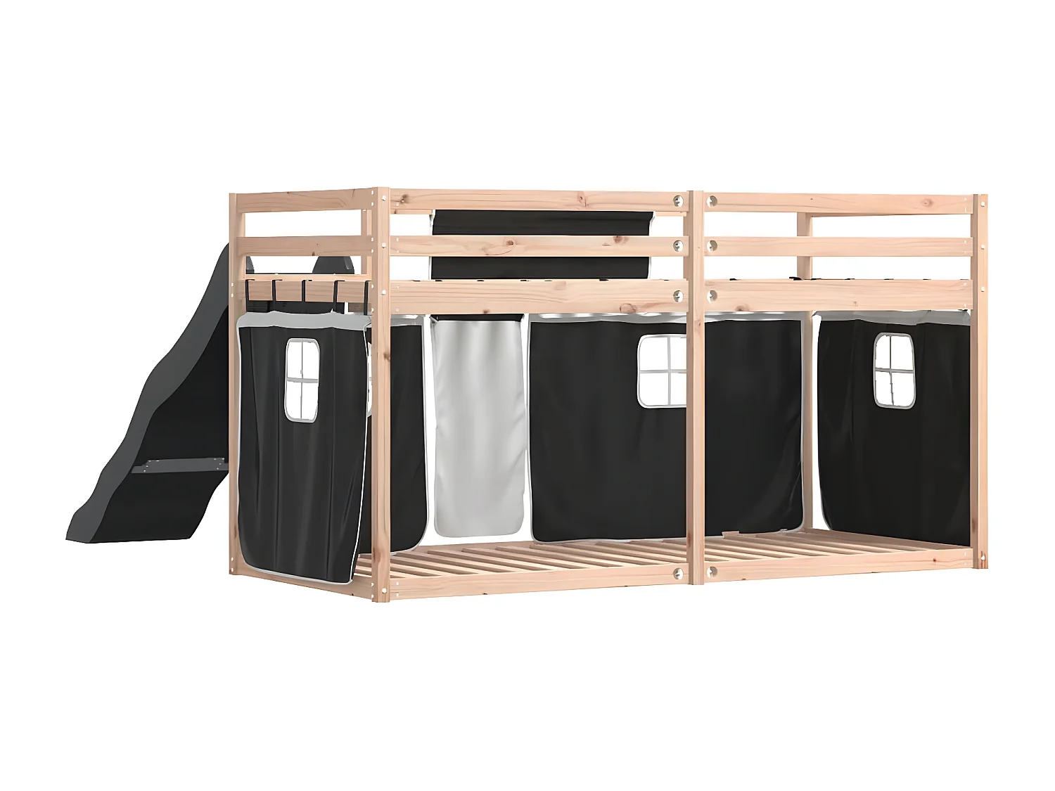 Lit superposé avec toboggan et rideaux blanc et noir 90x200 cm
