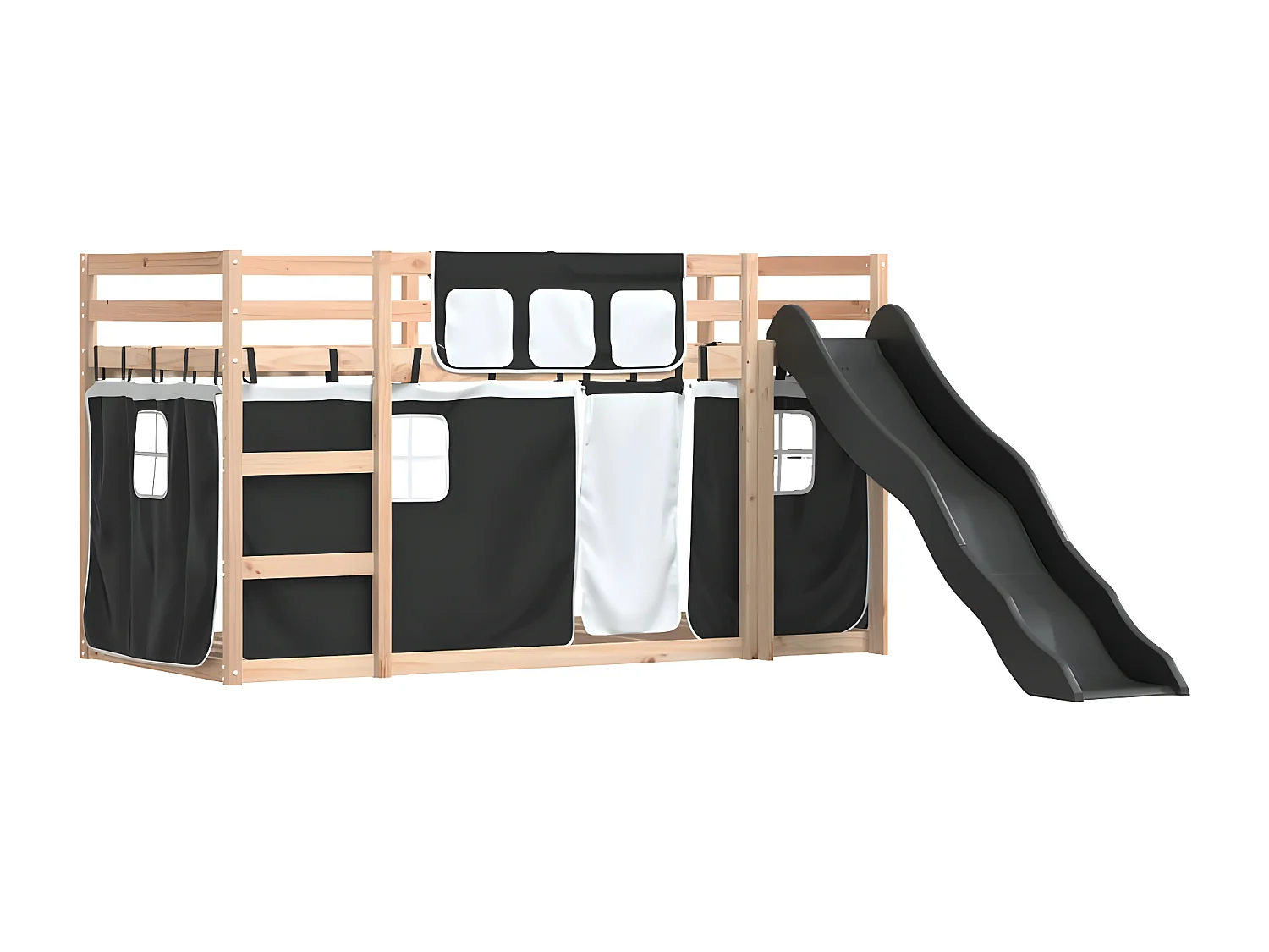 Lit superposé avec toboggan et rideaux blanc et noir 90x200 cm