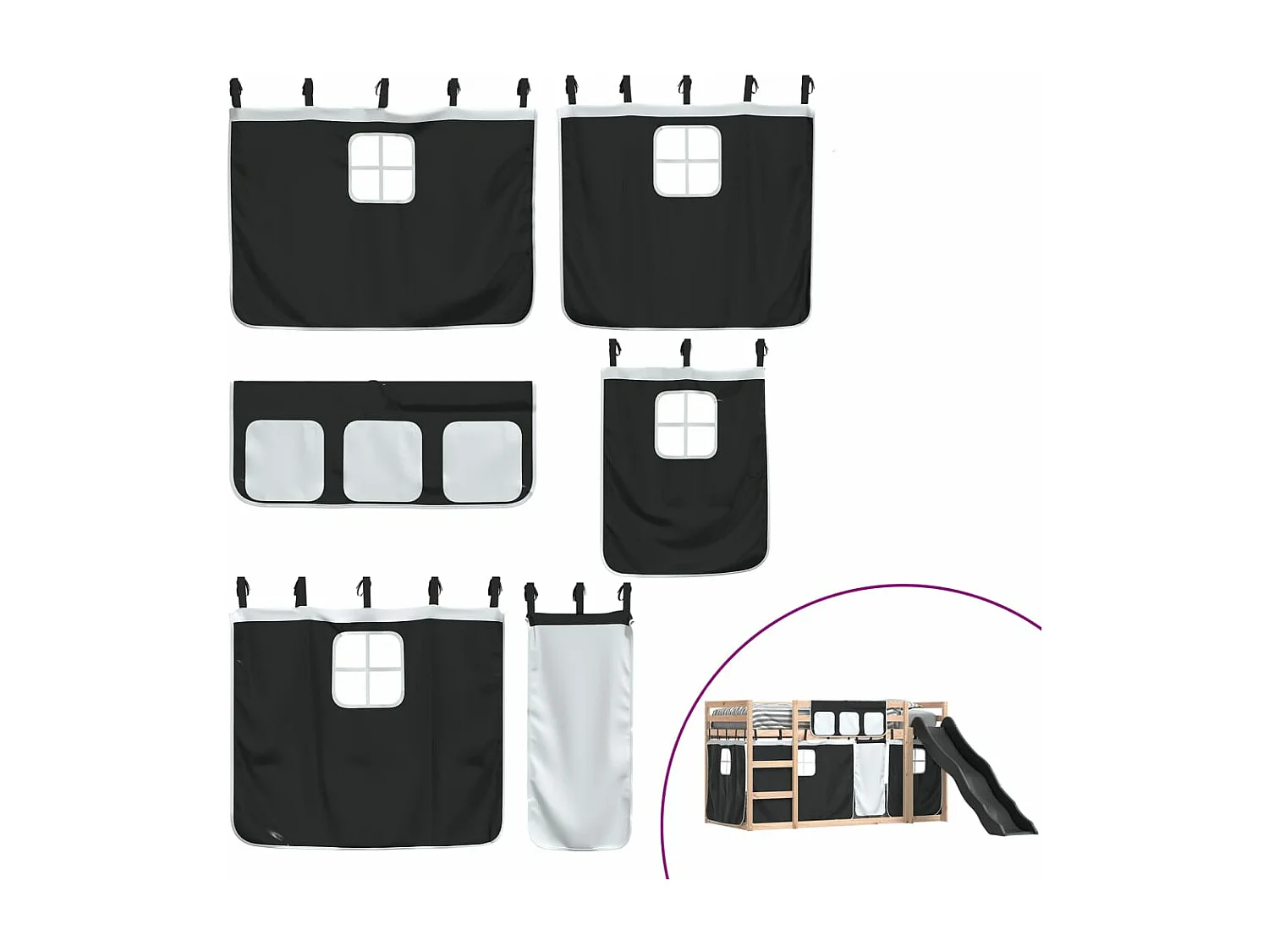 Lit superposé avec toboggan et rideaux blanc et noir 90x200 cm