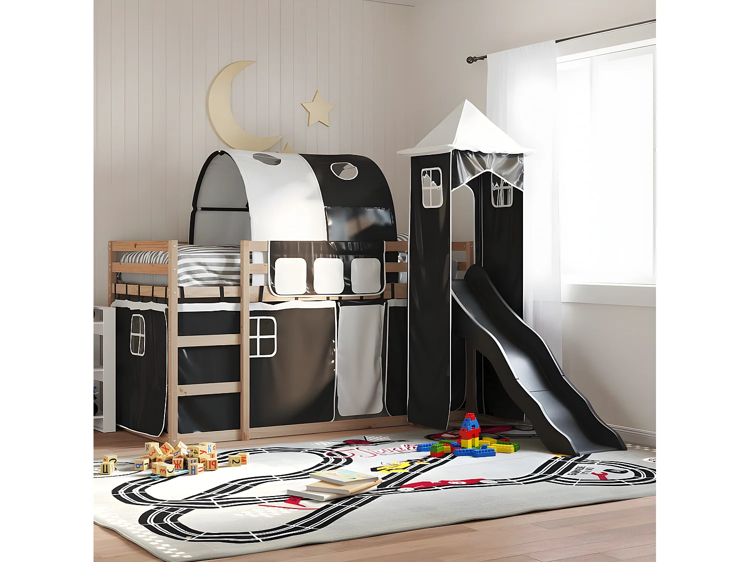 Lit superposé avec toboggan et rideaux blanc et noir 90x190 cm