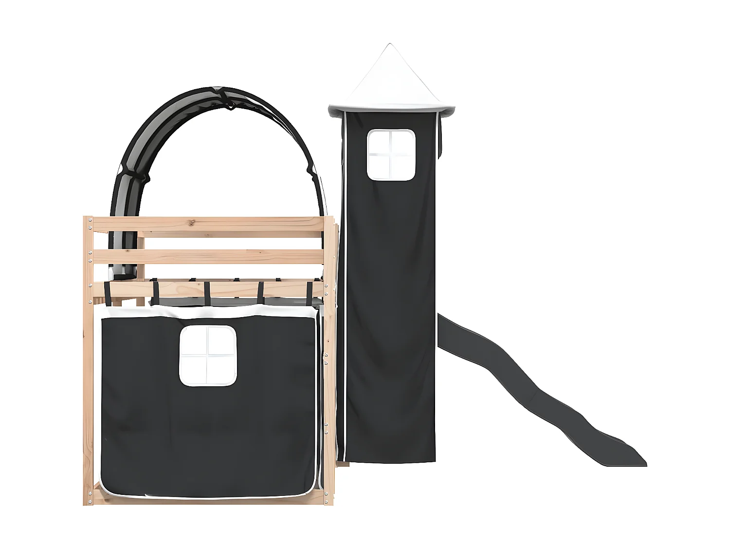 Lit superposé avec toboggan et rideaux blanc et noir 90x190 cm