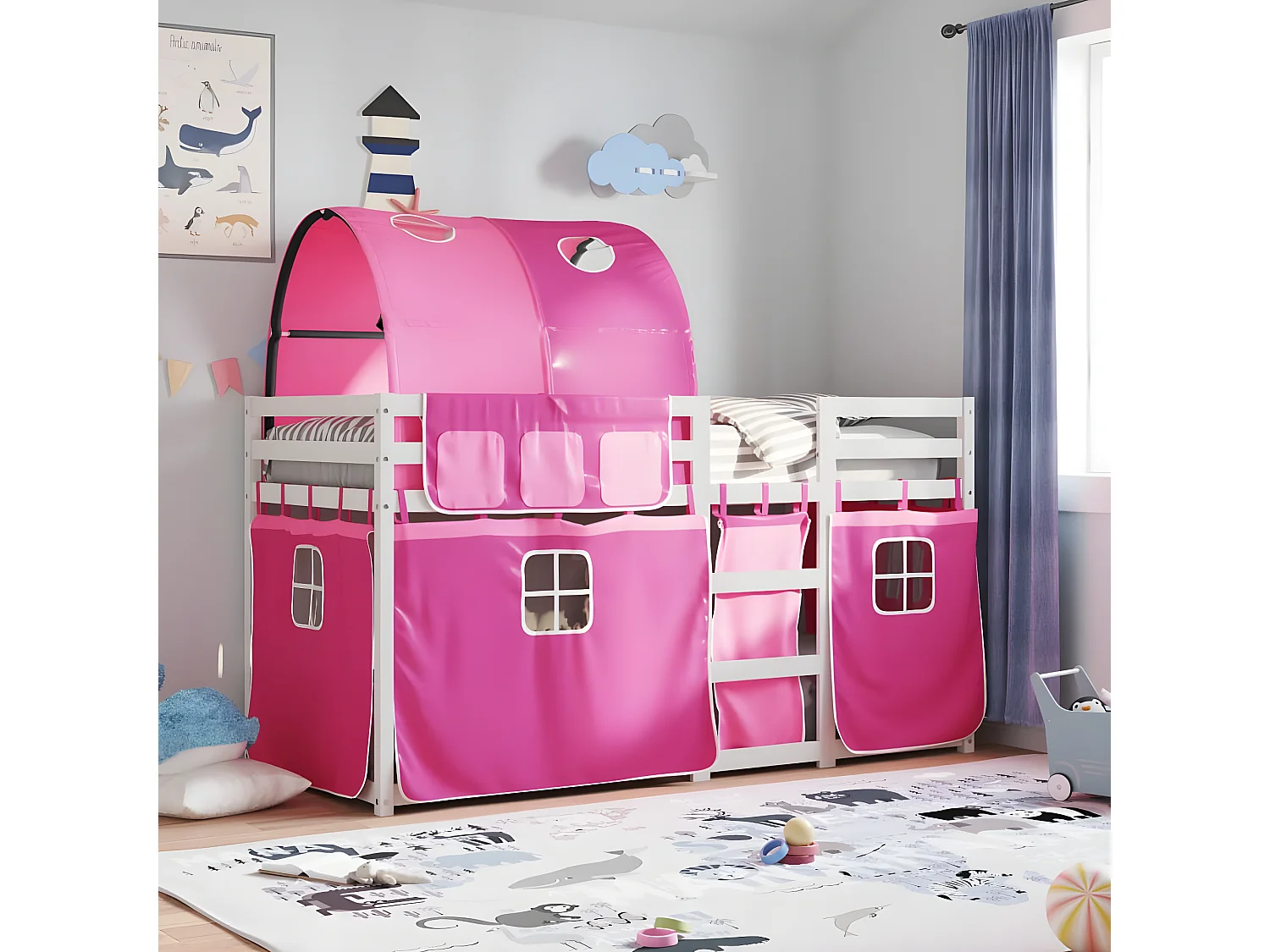 Lit superposé avec rideaux rose 90x190 cm bois pin massif