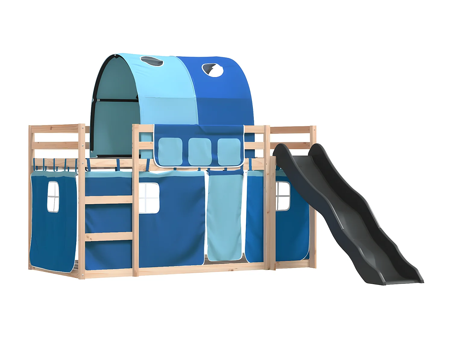 Lit superposé avec toboggan et rideaux bleu 90x190 cm