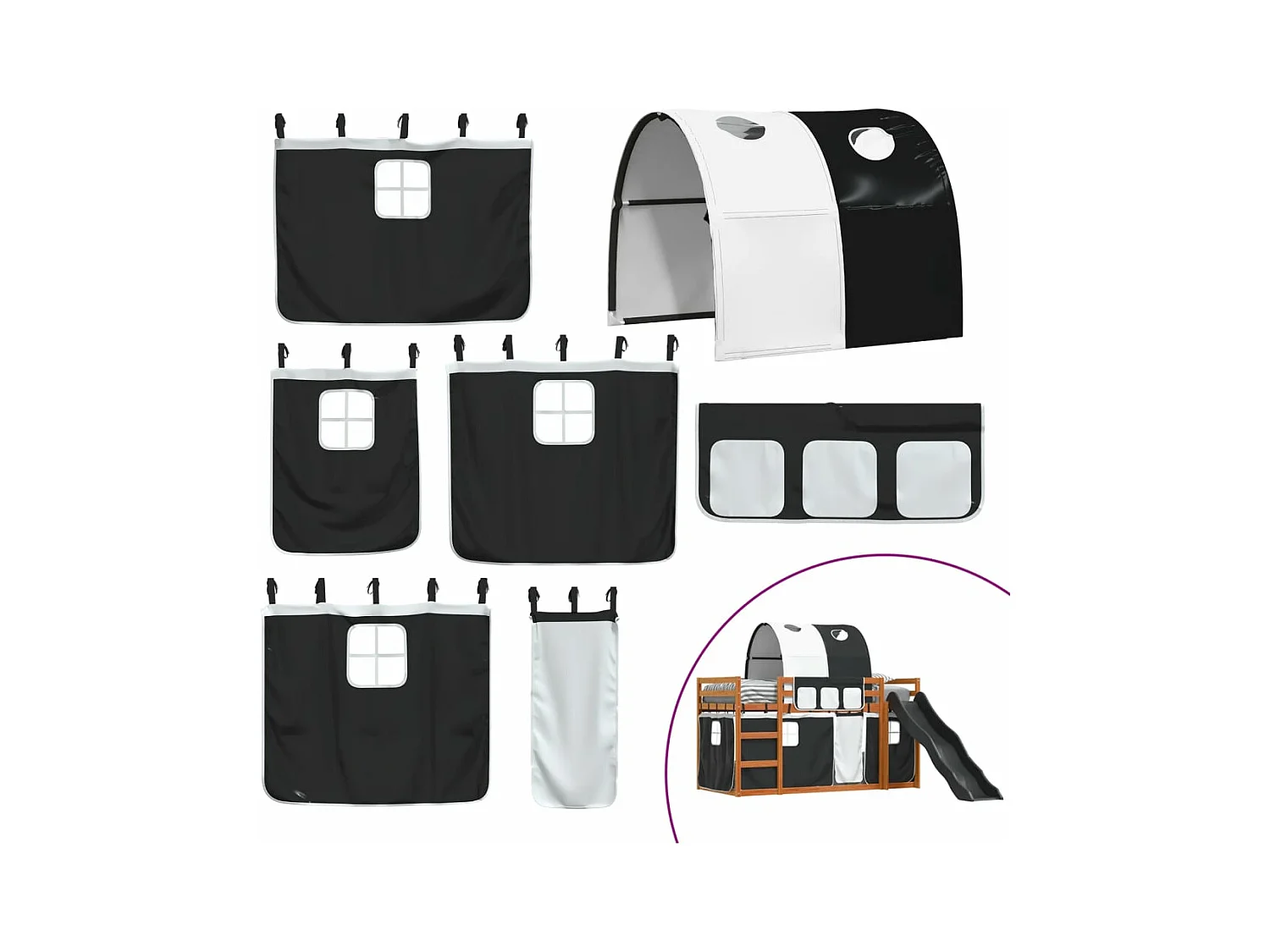 Litera con tobogán y cortinas blanco y negro 90x200 cm