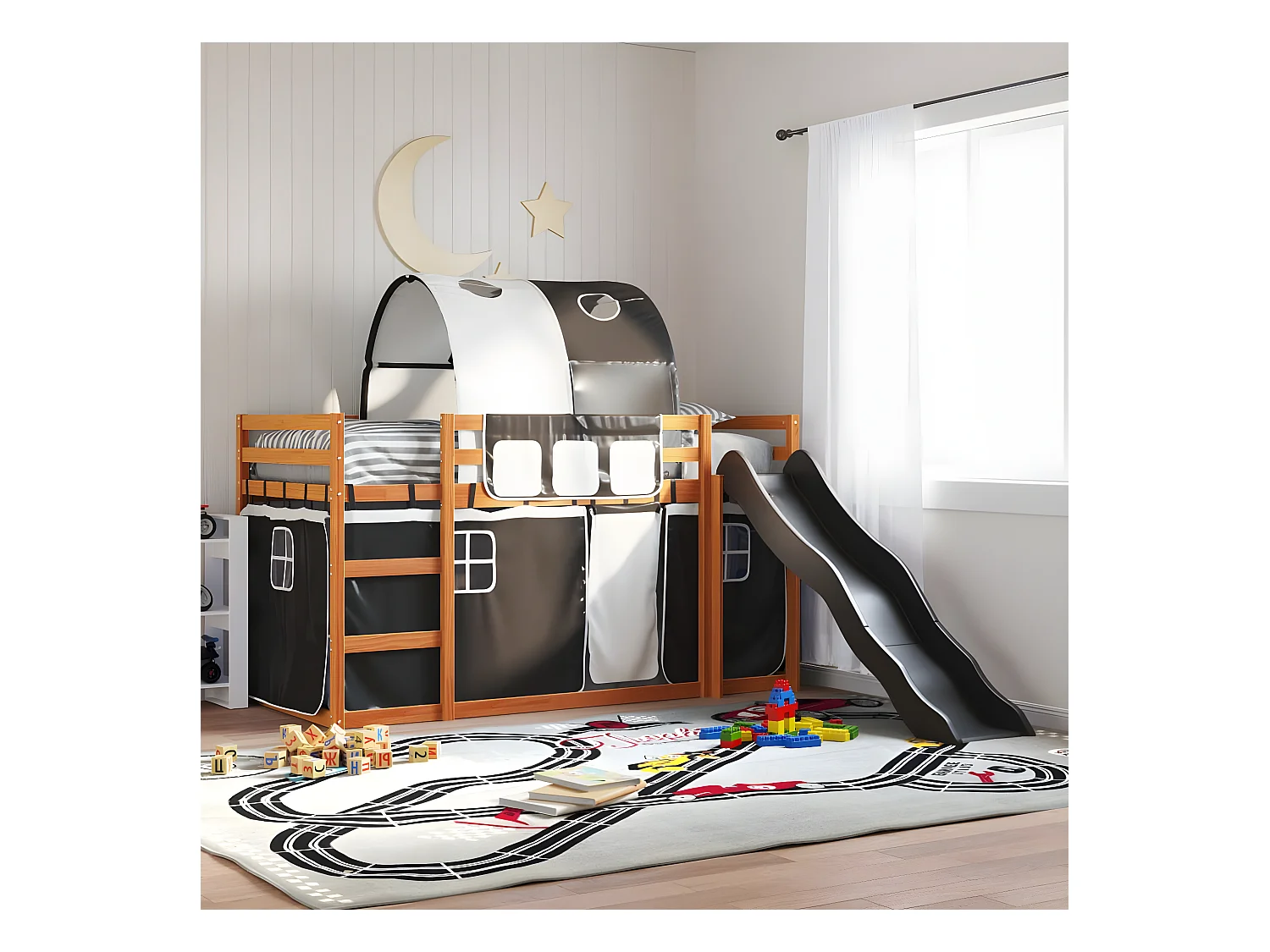 Litera con tobogán y cortinas blanco y negro 90x200 cm