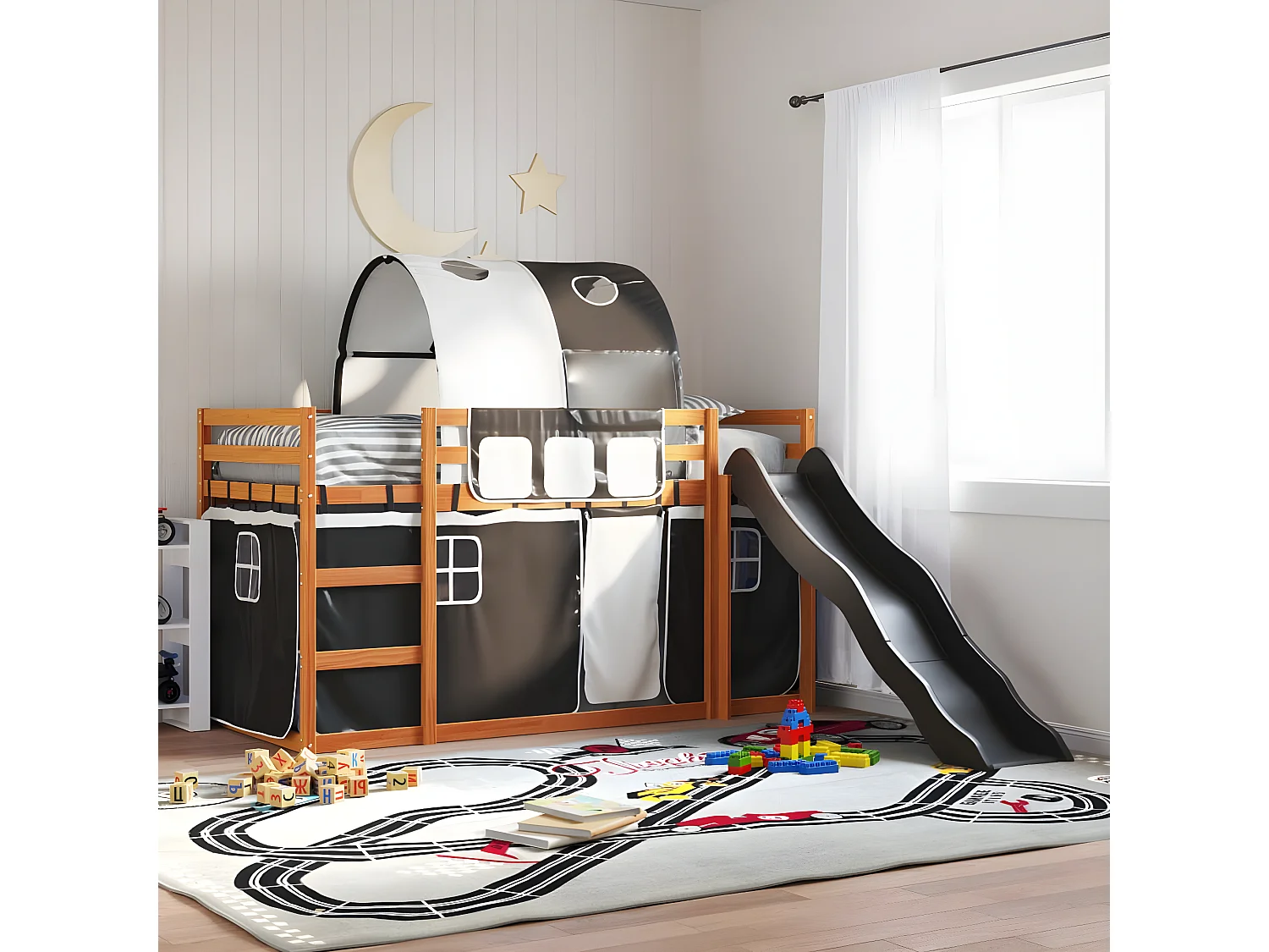 Beliche com escorrega e cortinas 90x200 cm branco e preto