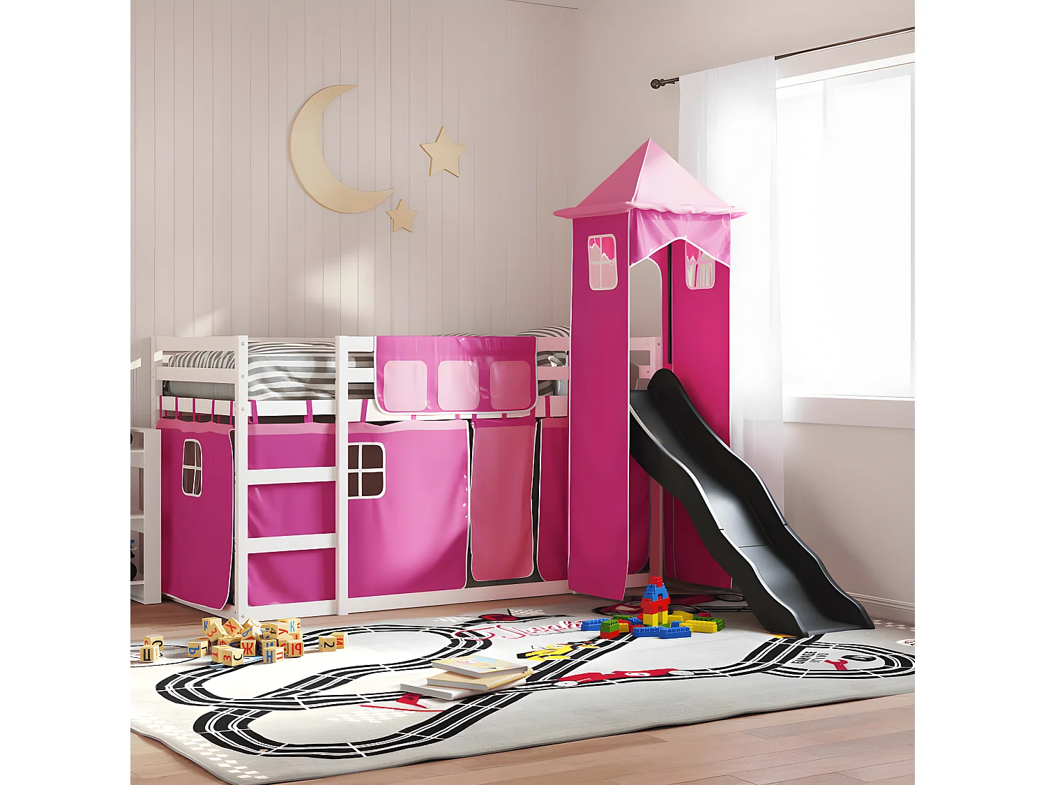 Lit superposé avec toboggan et rideaux rose 90x190 cm