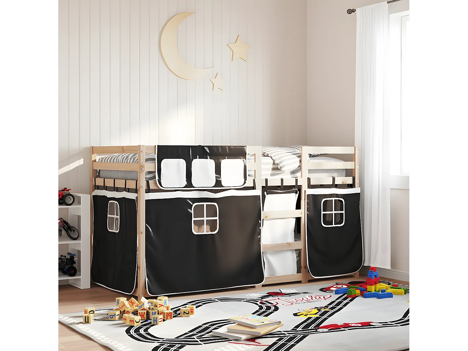 Lit superposé avec rideaux blanc/noir 80x200 cm bois pin massif
