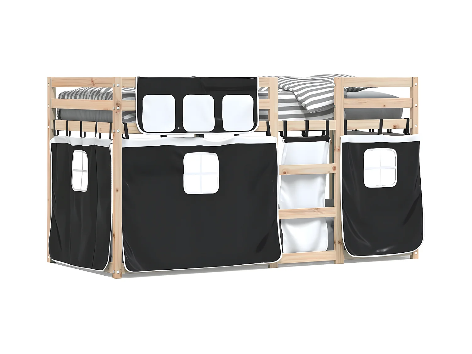 Lit superposé avec rideaux blanc/noir 80x200 cm bois pin massif