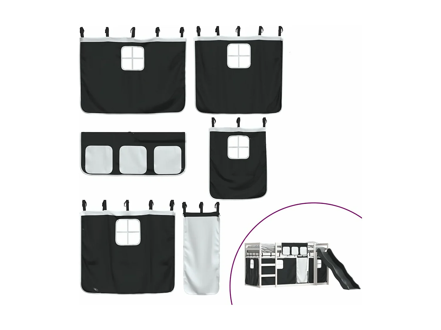 Litera con tobogán y cortinas blanco y negro 90x190 cm