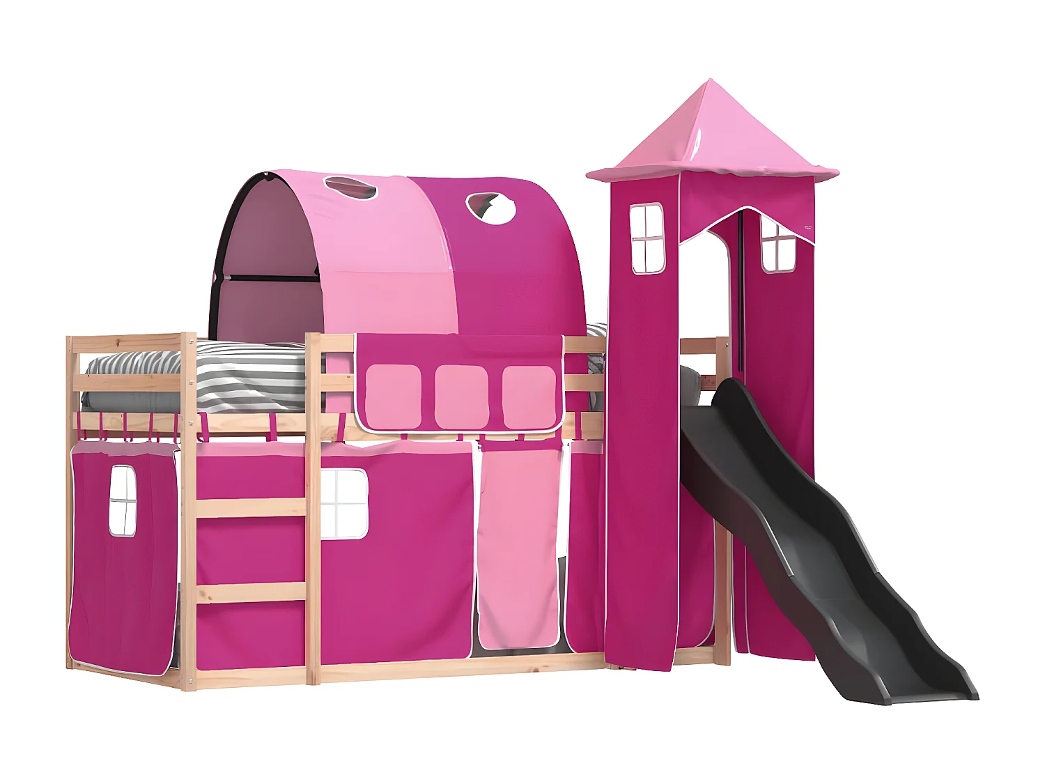 Lit superposé avec toboggan et rideaux rose 90x190 cm