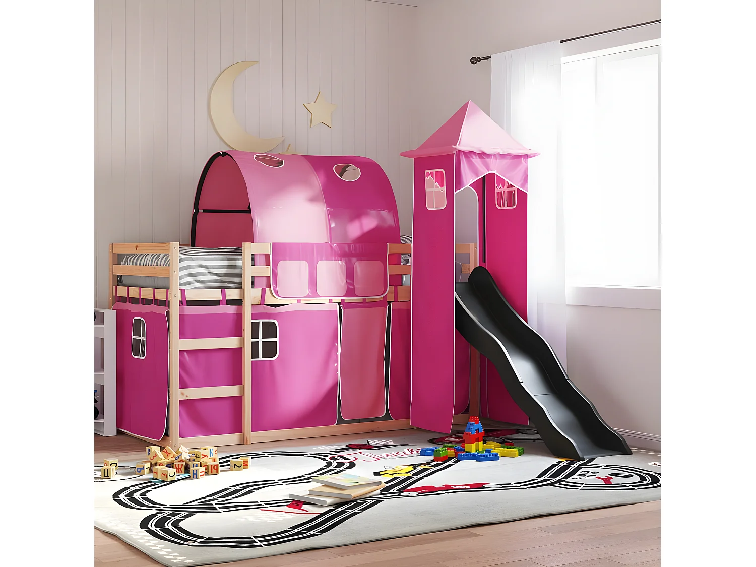 Lit superposé avec toboggan et rideaux rose 90x190 cm