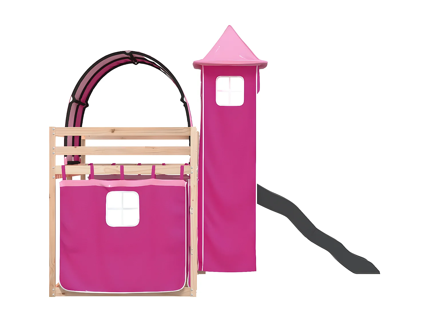 Lit superposé avec toboggan et rideaux rose 90x190 cm