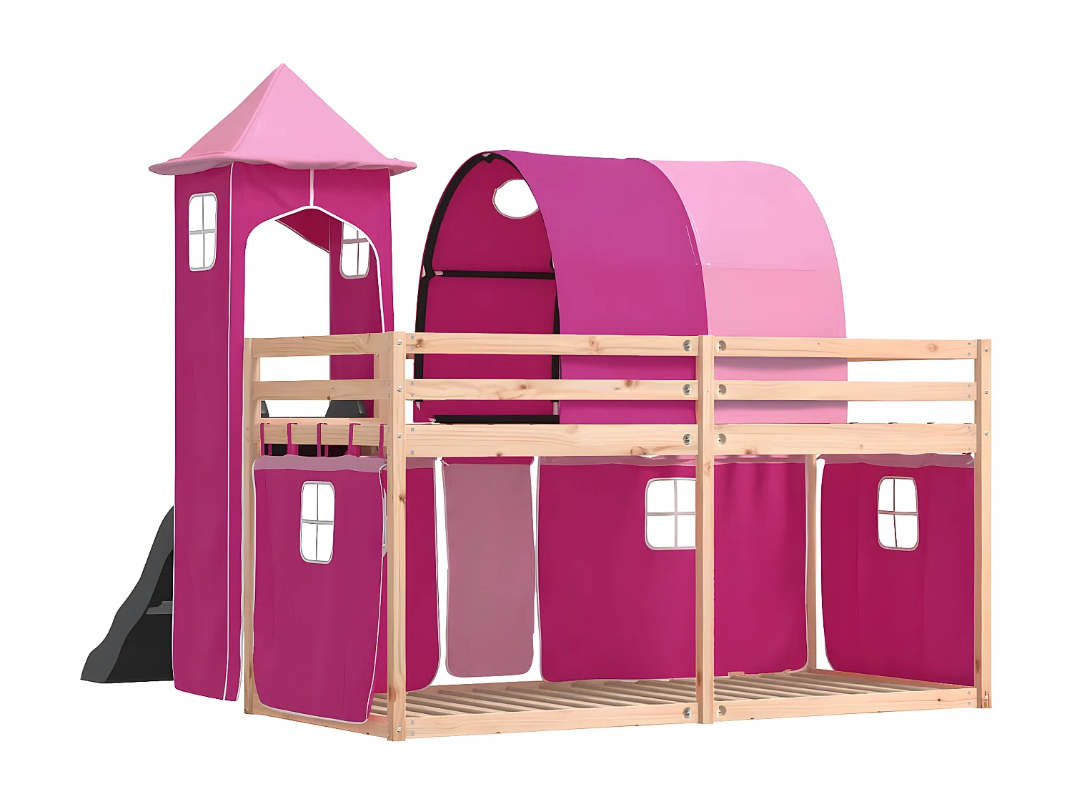 Lit superposé avec toboggan et rideaux rose 90x190 cm