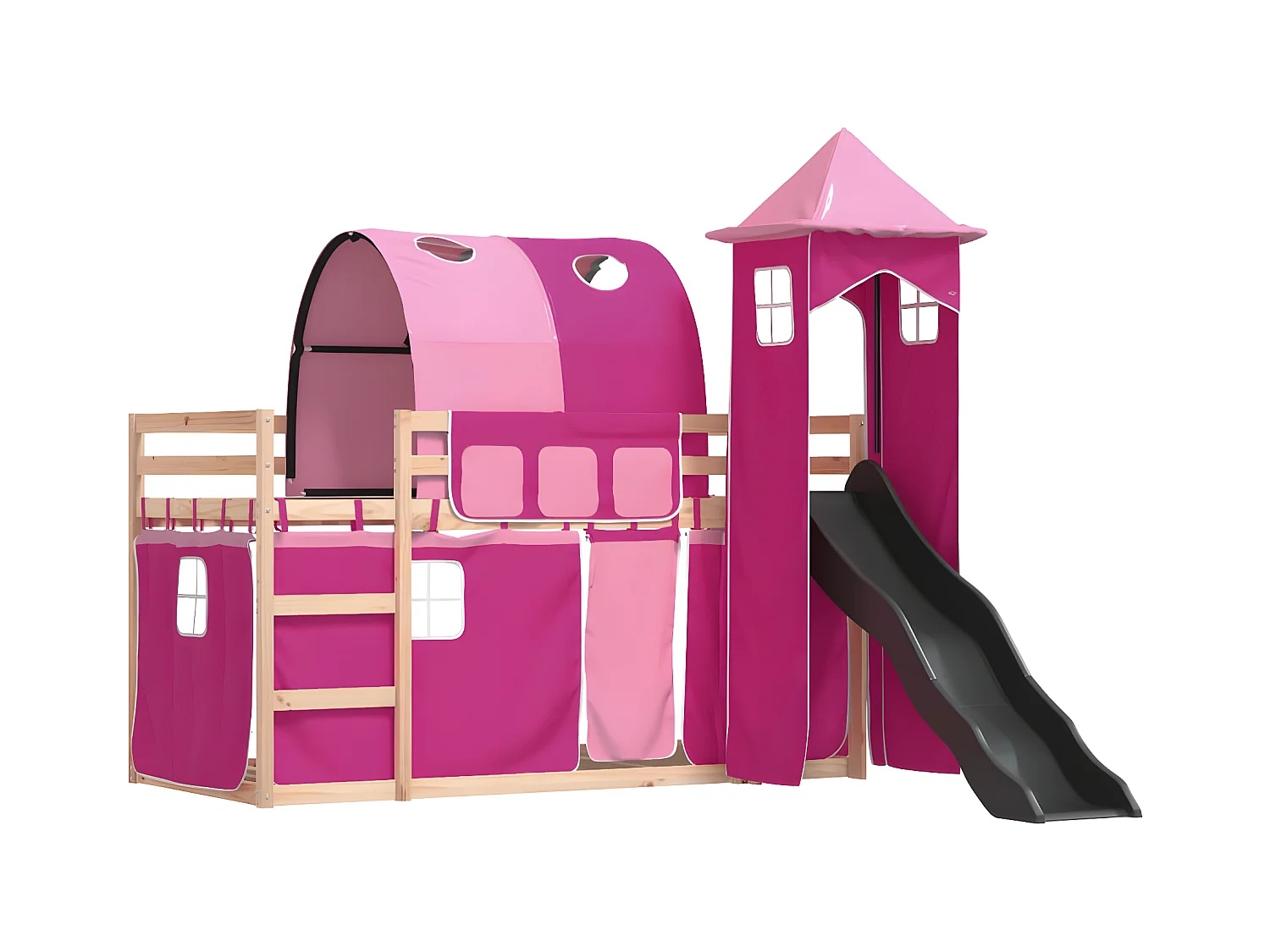 Lit superposé avec toboggan et rideaux rose 90x190 cm