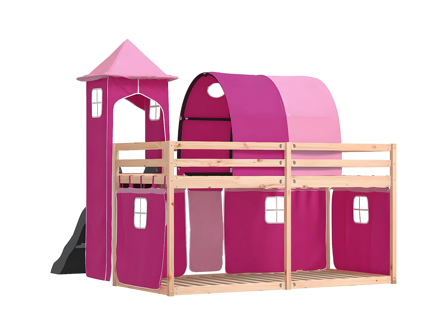 Lit superposé avec toboggan et rideaux rose 90x190 cm