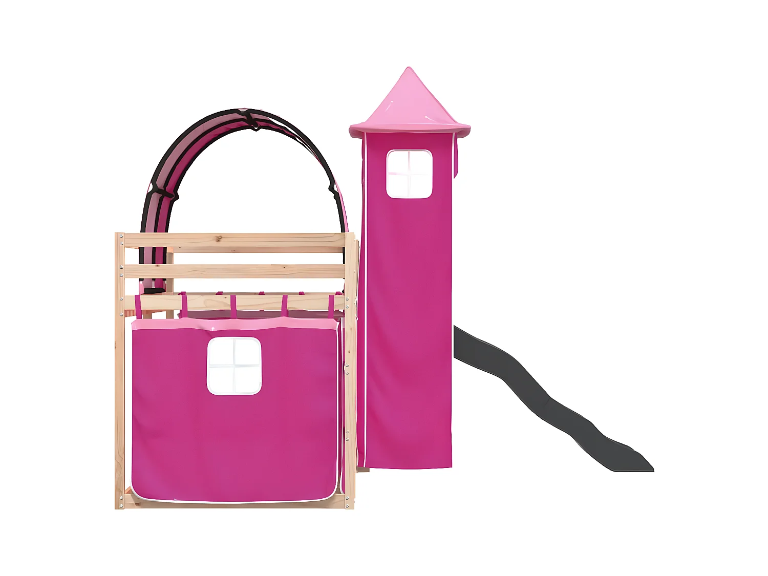 Lit superposé avec toboggan et rideaux rose 90x190 cm