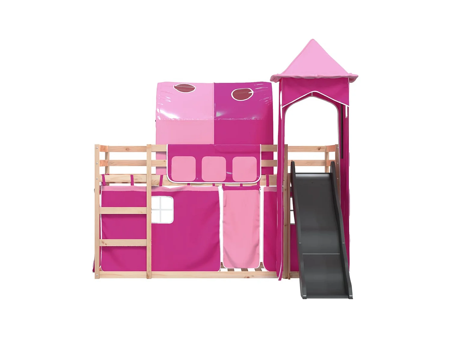 Lit superposé avec toboggan et rideaux rose 90x190 cm