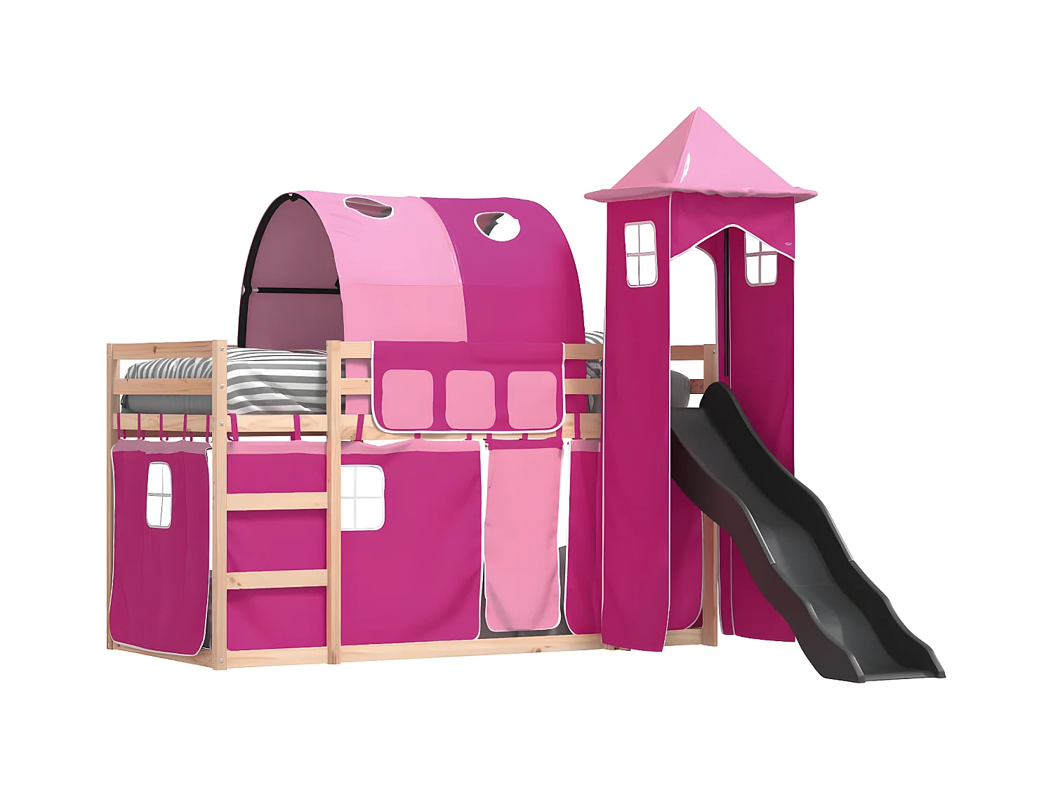 Lit superposé avec toboggan et rideaux rose 90x190 cm