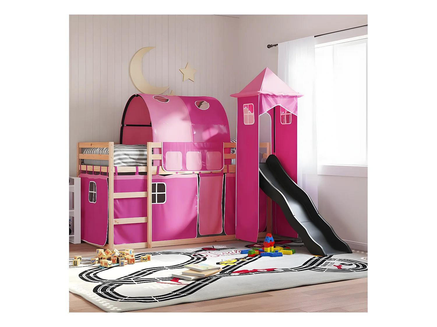 Lit superposé avec toboggan et rideaux rose 90x190 cm