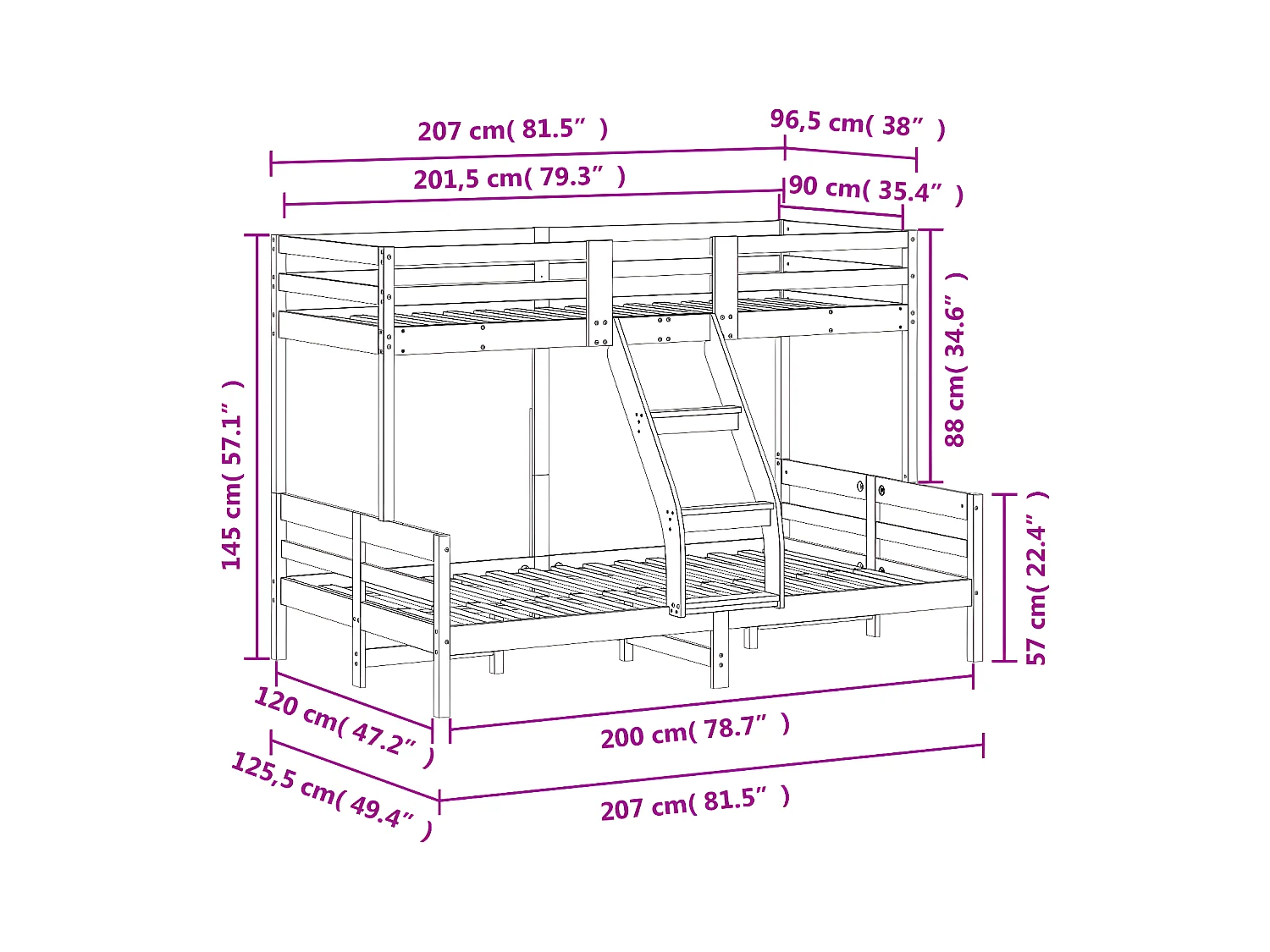 Lit superposé 90x200/120x200 cm blanc bois de pin massif