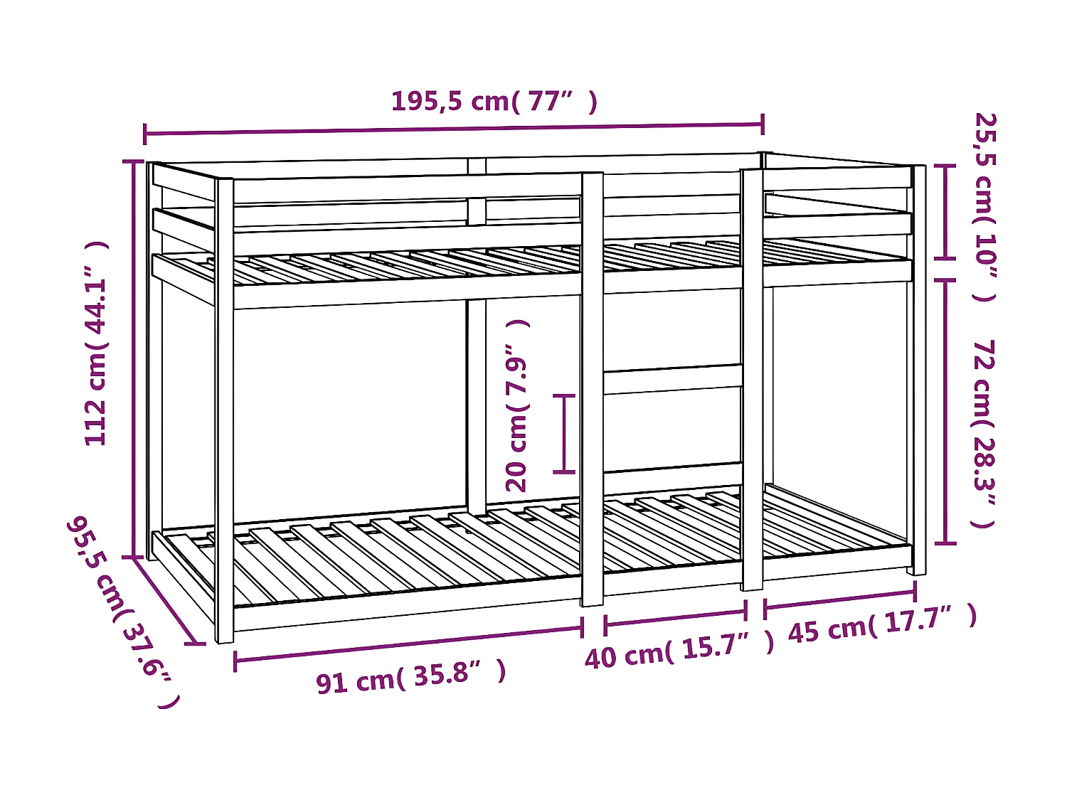 Litera de madera maciza de pino 90x190 cm