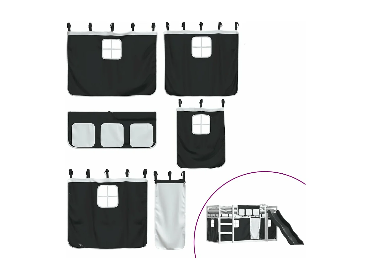 Litera con tobogán y cortinas blanco y negro 80x200 cm