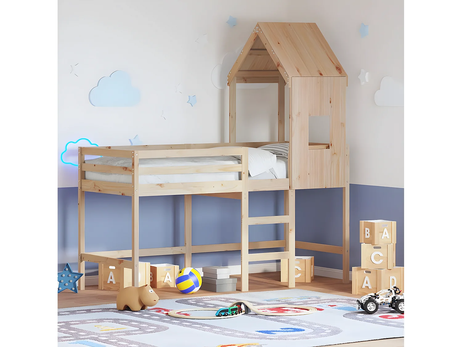 Lit superposé et échelle et toit 90x200 cm bois de pin massif