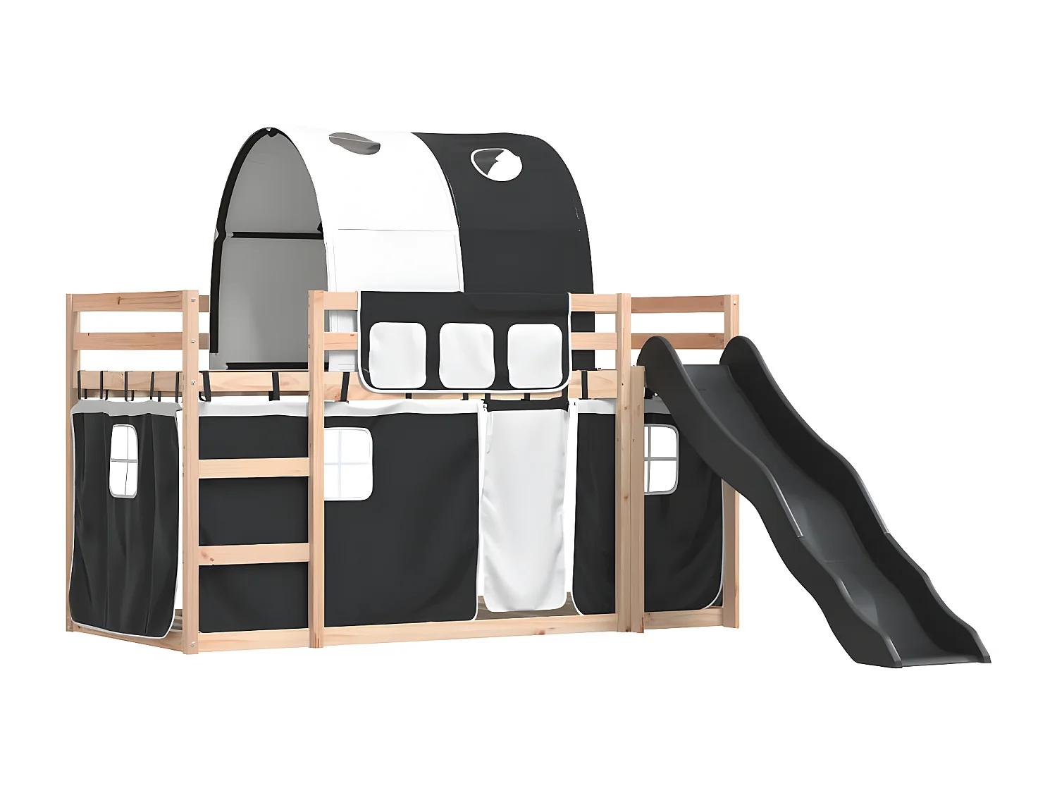 Lit superposé avec toboggan et rideaux blanc et noir 90x190 cm