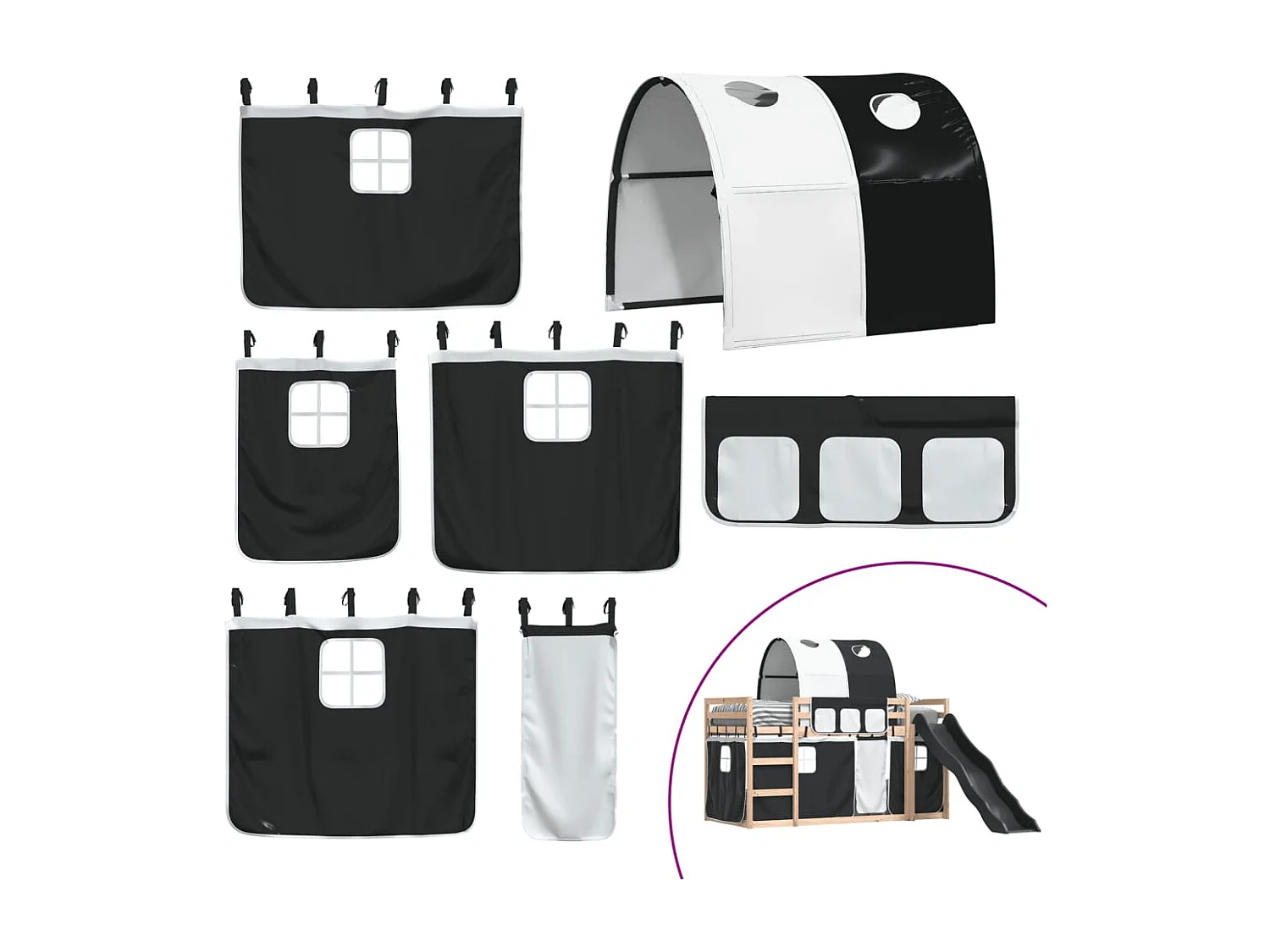 Lit superposé avec toboggan et rideaux blanc et noir 90x190 cm