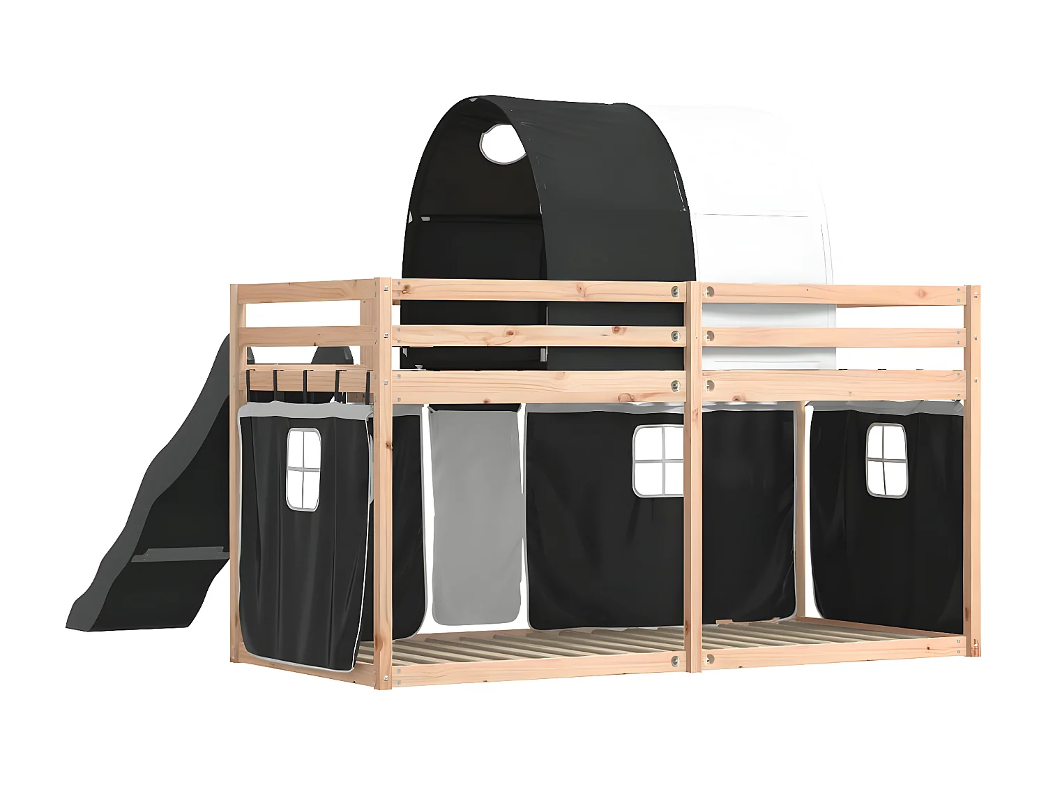 Lit superposé avec toboggan et rideaux blanc et noir 90x190 cm