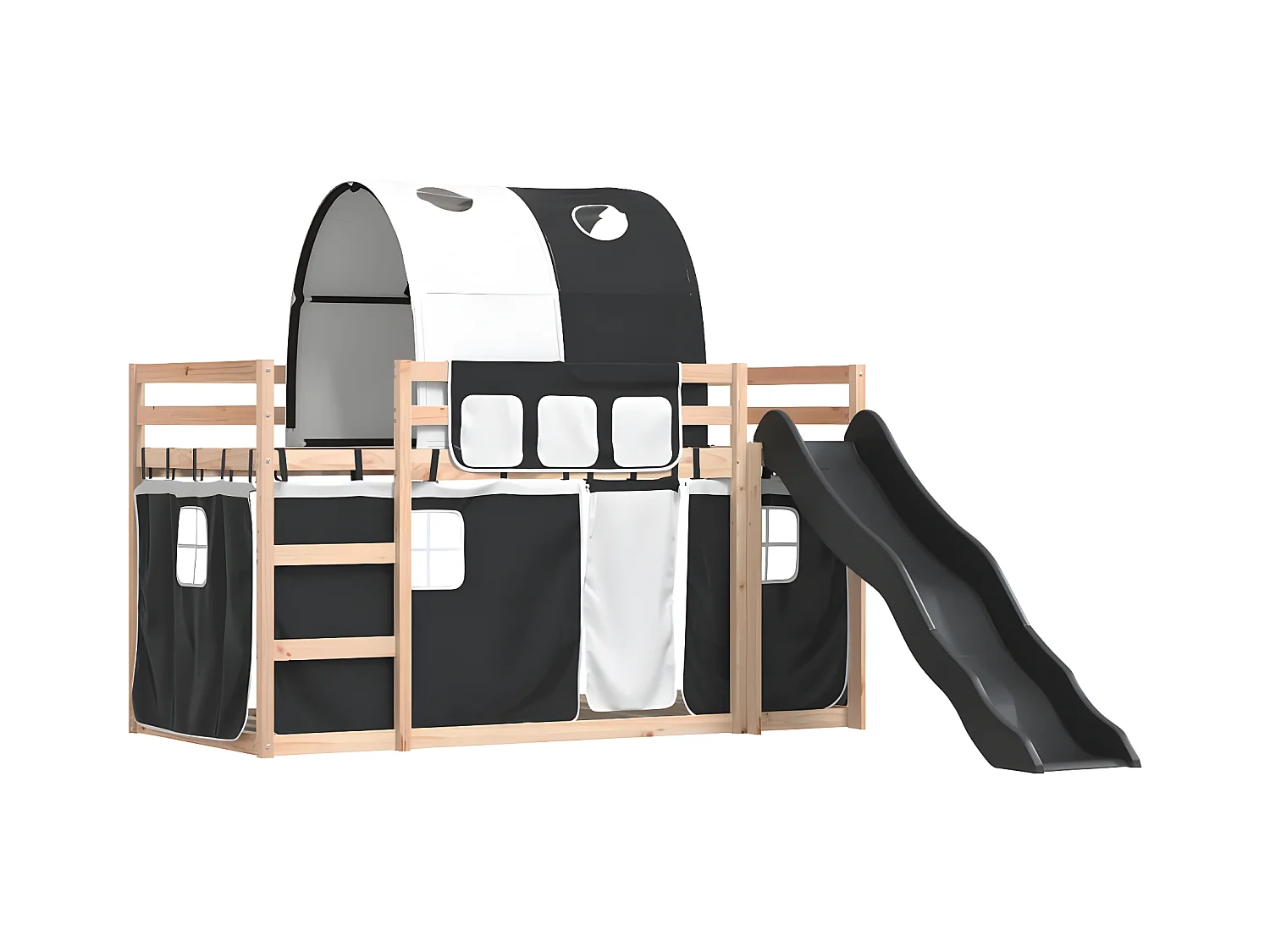 Lit superposé avec toboggan et rideaux blanc et noir 90x190 cm