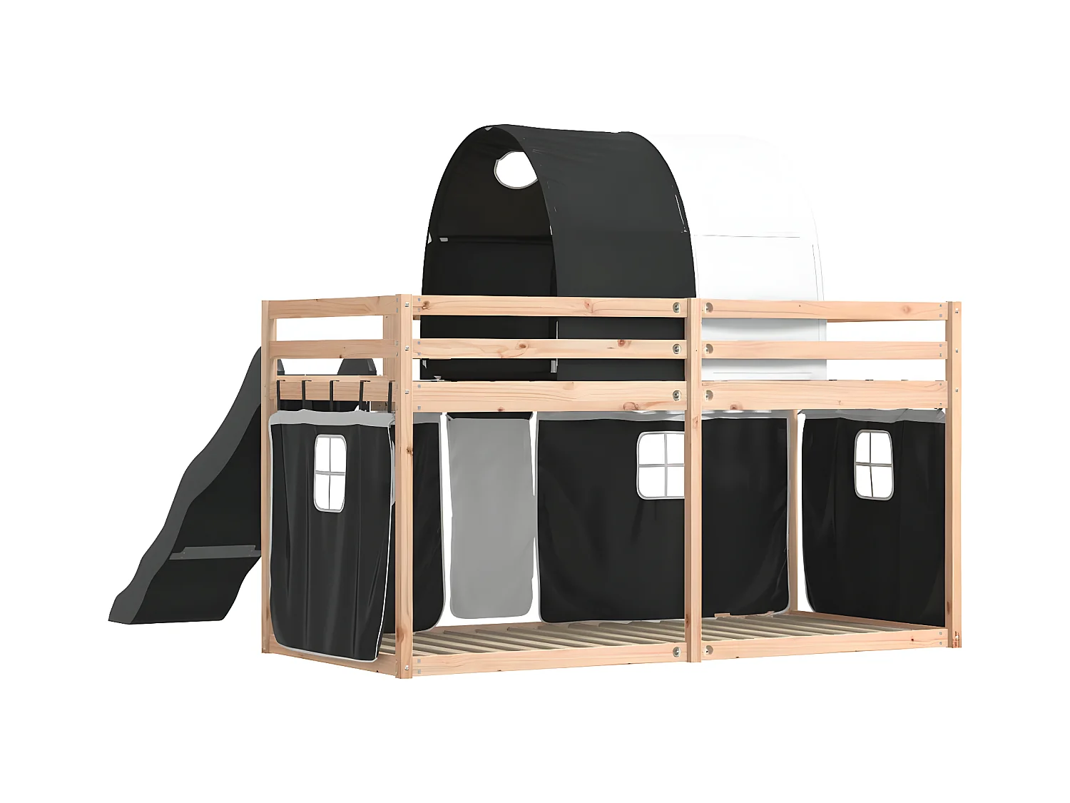 Lit superposé avec toboggan et rideaux blanc et noir 90x190 cm