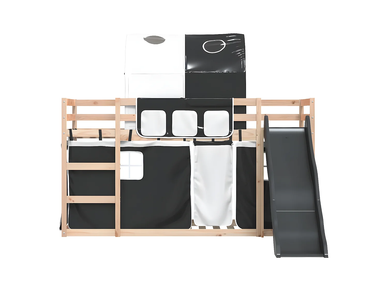 Lit superposé avec toboggan et rideaux blanc et noir 90x190 cm