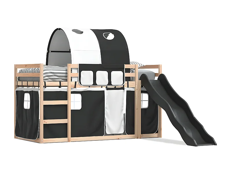 Beliche com escorrega e cortinas 90x190 cm branco e preto