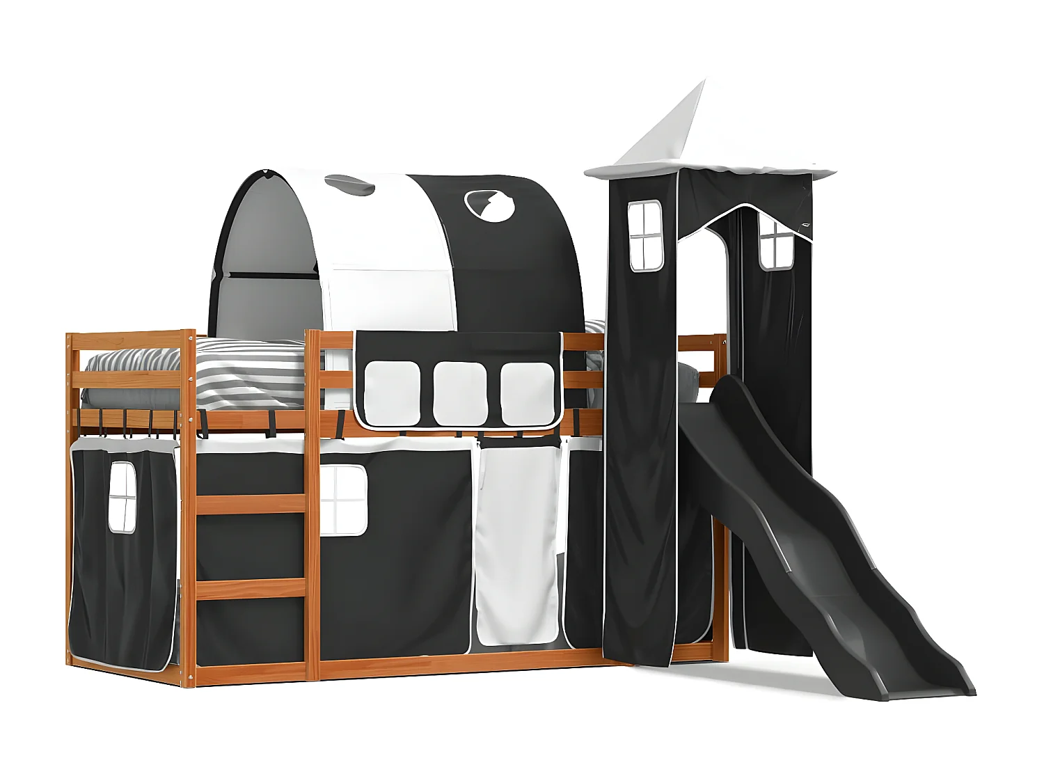 Lit superposé avec toboggan et rideaux blanc et noir 90x200 cm