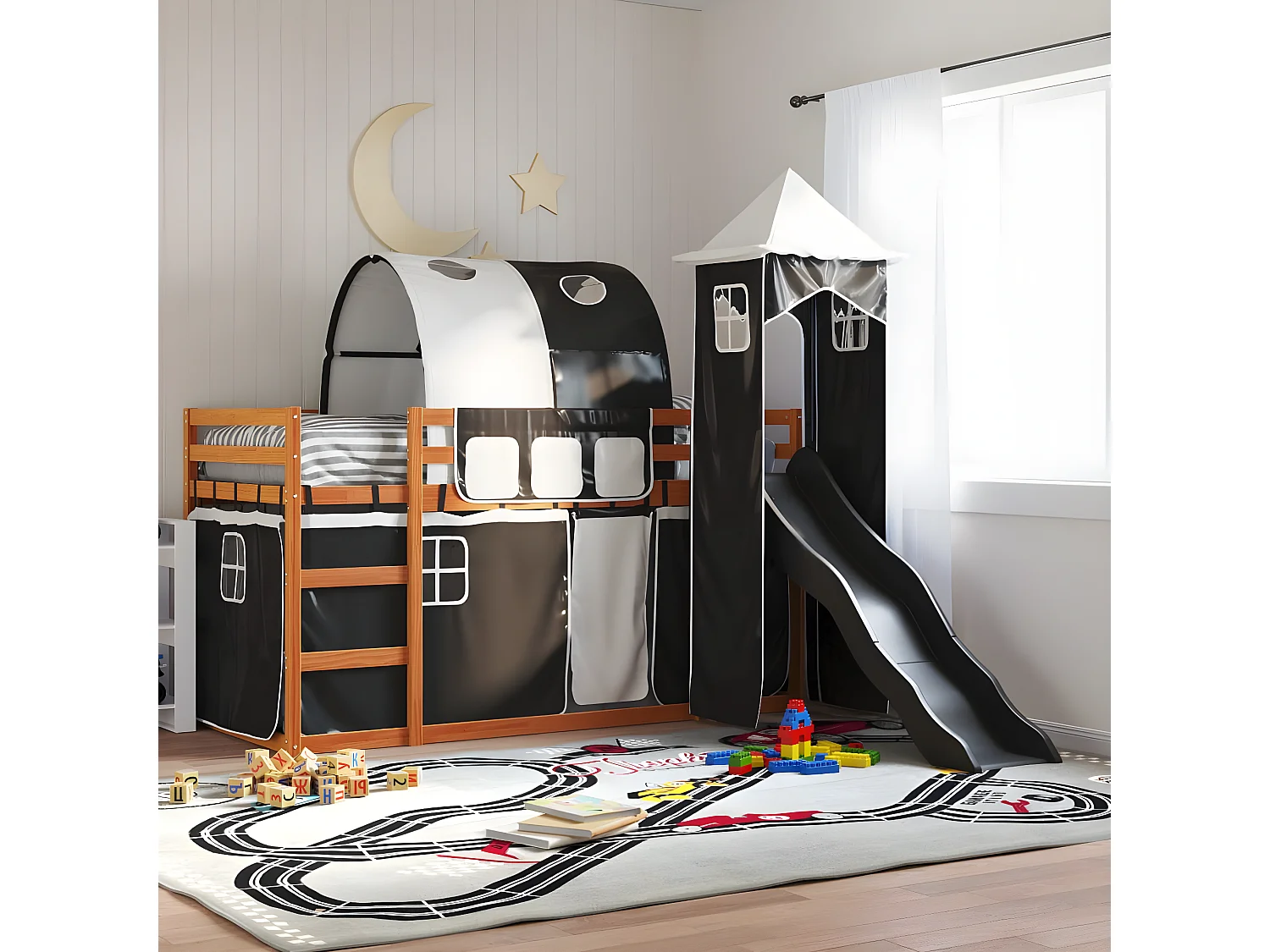 Lit superposé avec toboggan et rideaux blanc et noir 90x200 cm