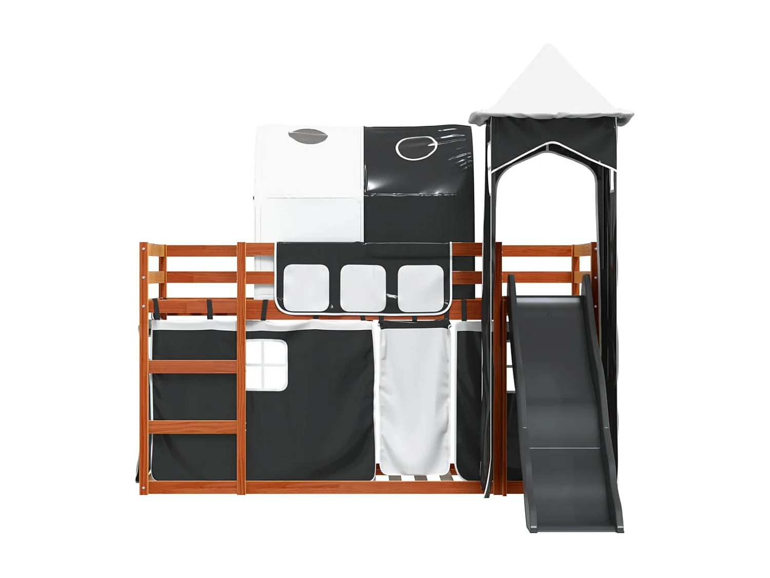 Lit superposé avec toboggan et rideaux blanc et noir 90x200 cm